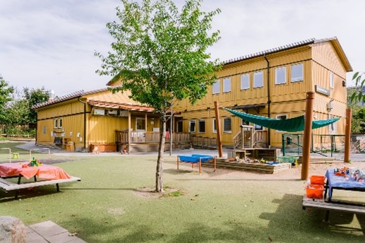 Ett stort gult trähus i två våningar. En stor skolgård med gräsmatta och lekställningar.