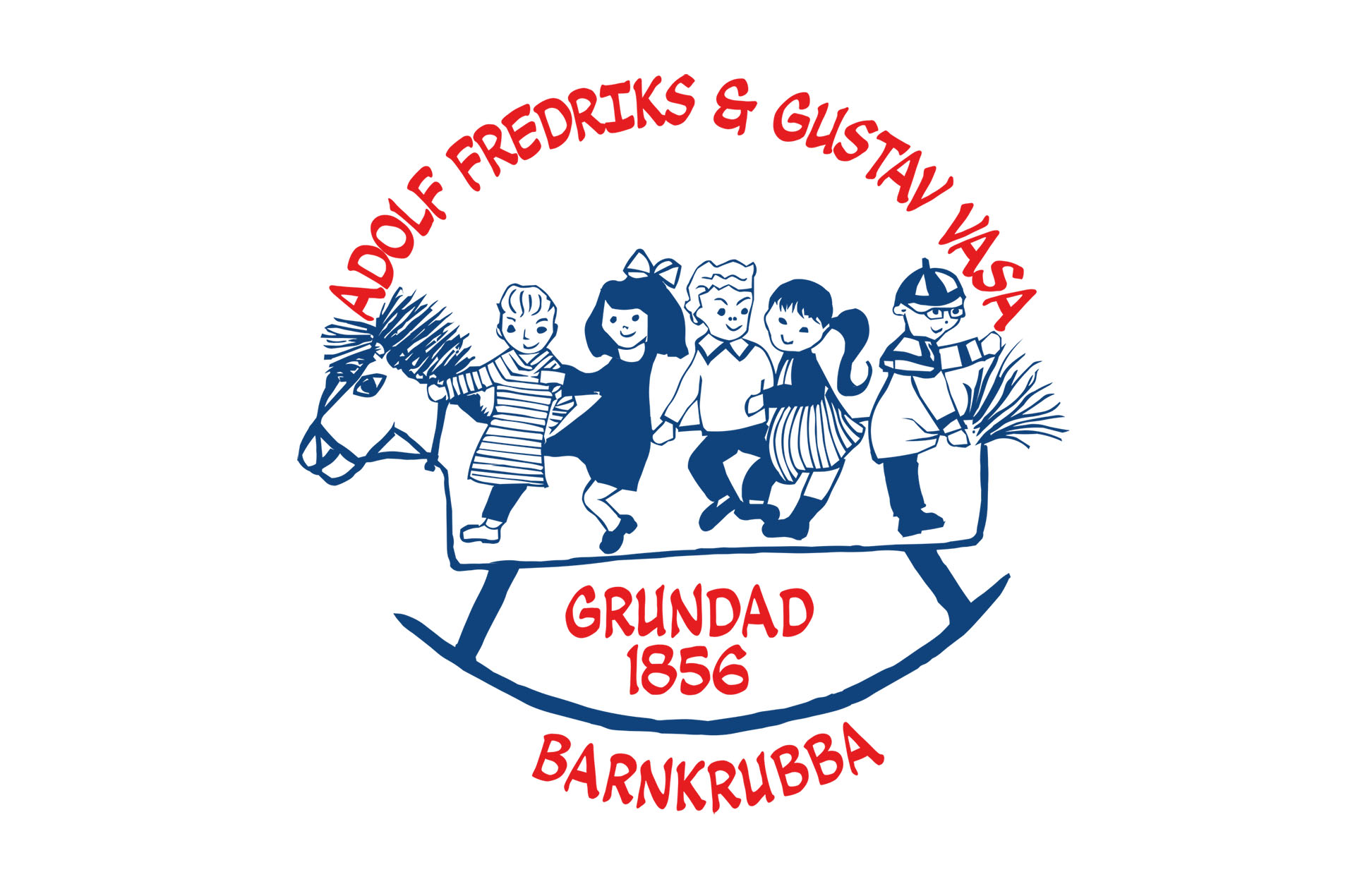 Adolf Fredriks och Gustav Vasas Barnkrubba i text, runt en teckning på barn som sitter på en gunghäst