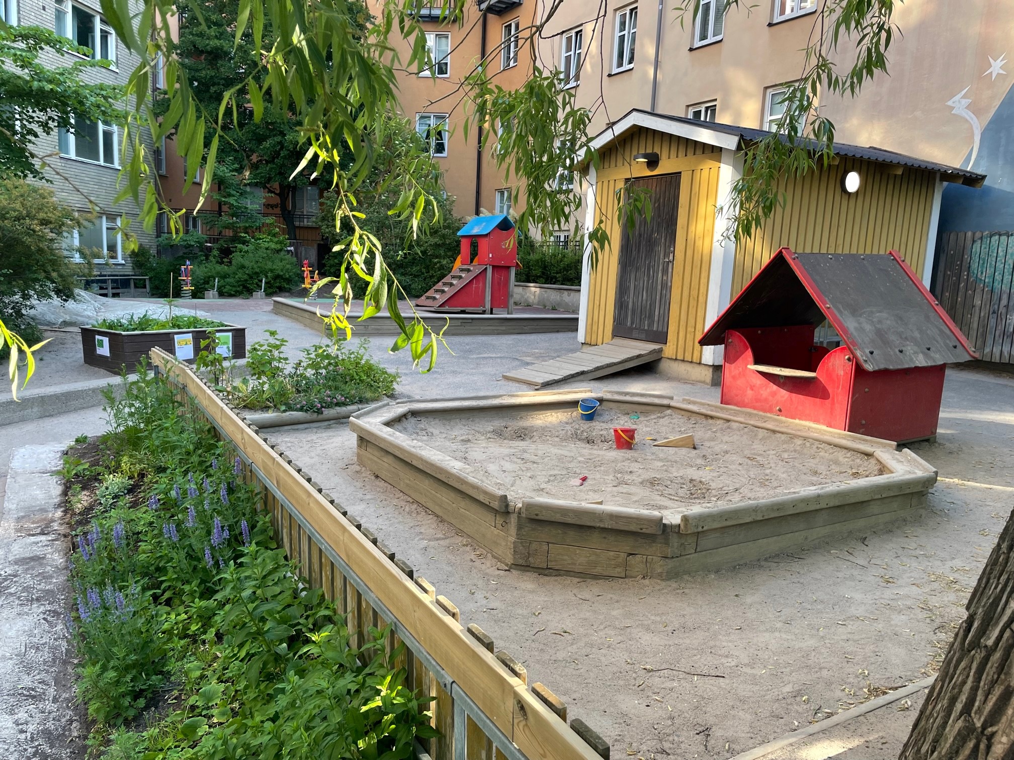 Gård med sandlåda och grönska.