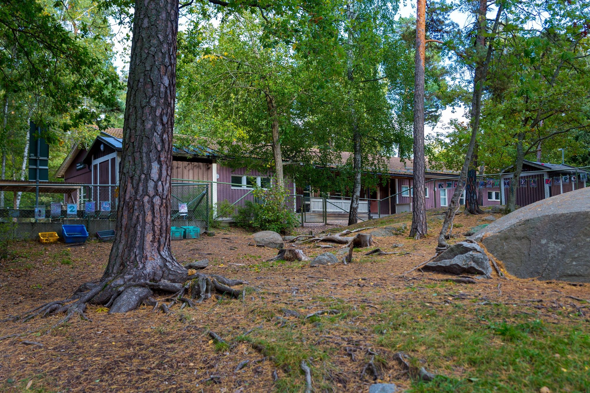 Byggnad omgärdad av träd och stenar