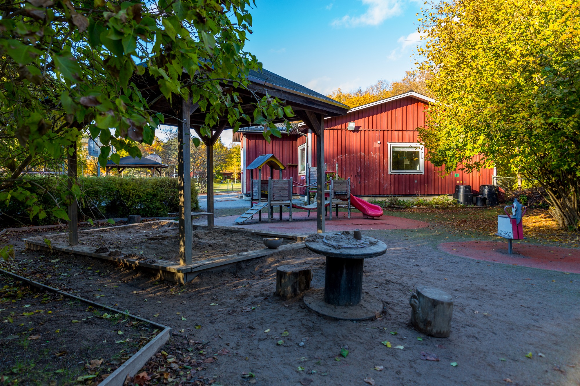 Byggnad med sandlåda, träd, klätterställning och andra lekobjekt på gården framför sig.