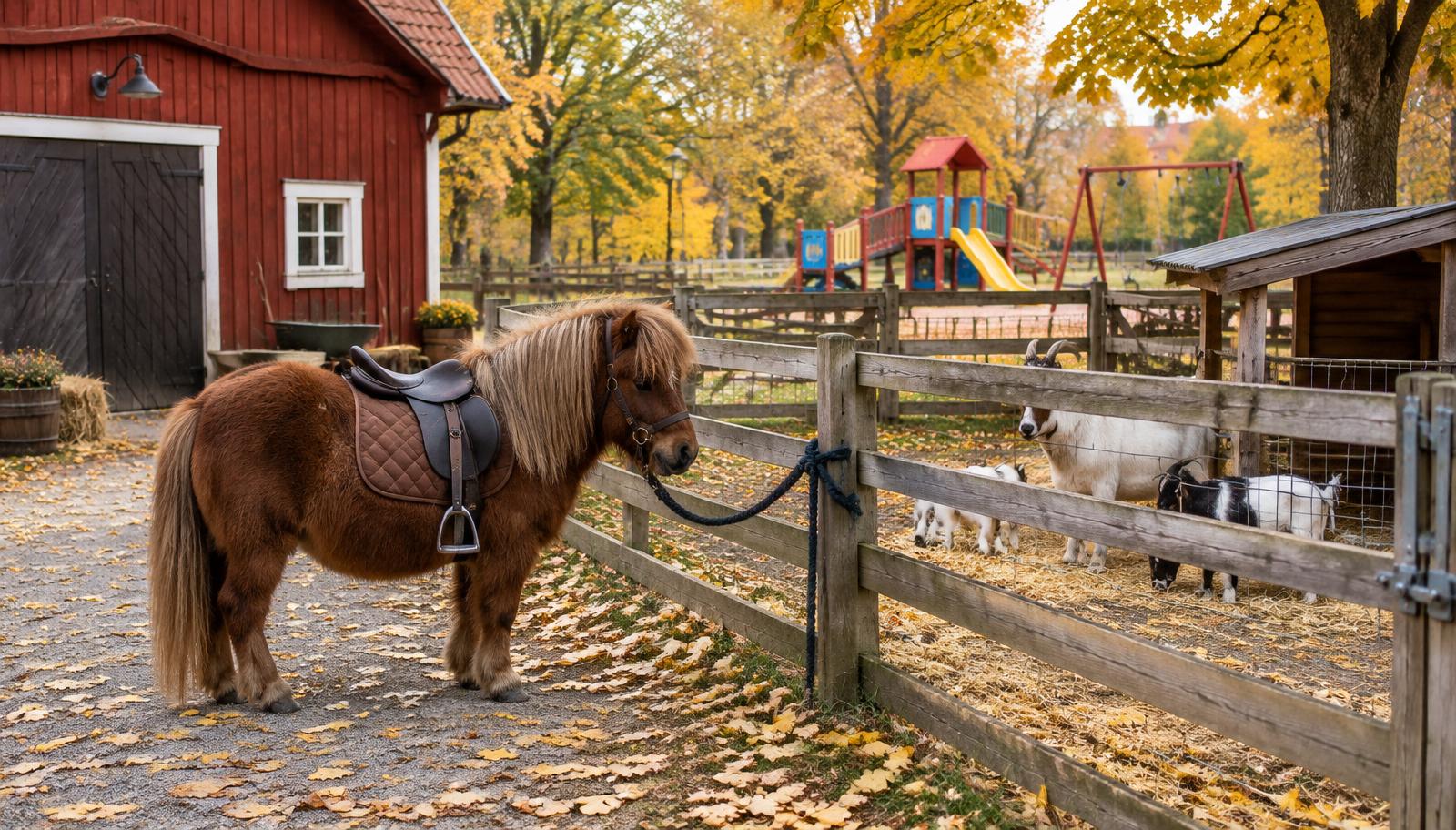En sadlad ponny vid ett trästaket med getter och en lekplats i en höstpark