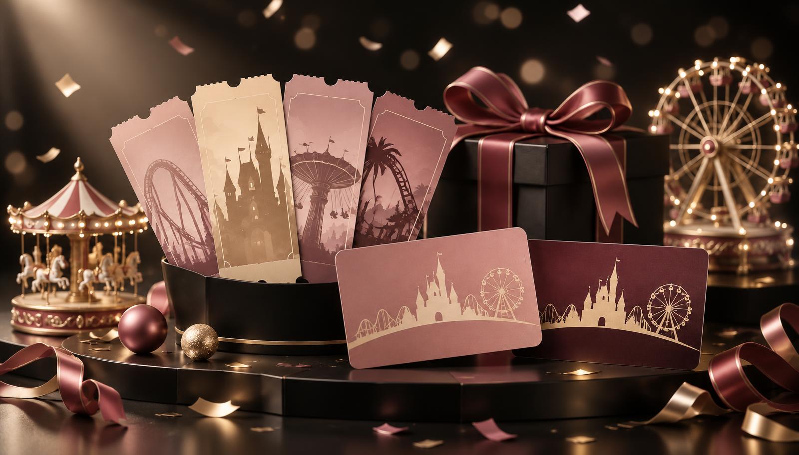 Theme park tickets, annual pass cards and miniature carousel and Ferris wheel on a black Black November background