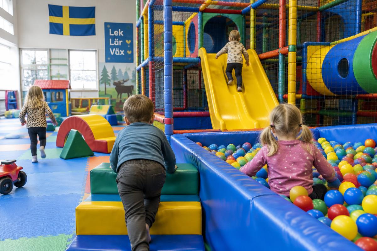 Children playing on slides and in a ball pit at a colourful indoor playground