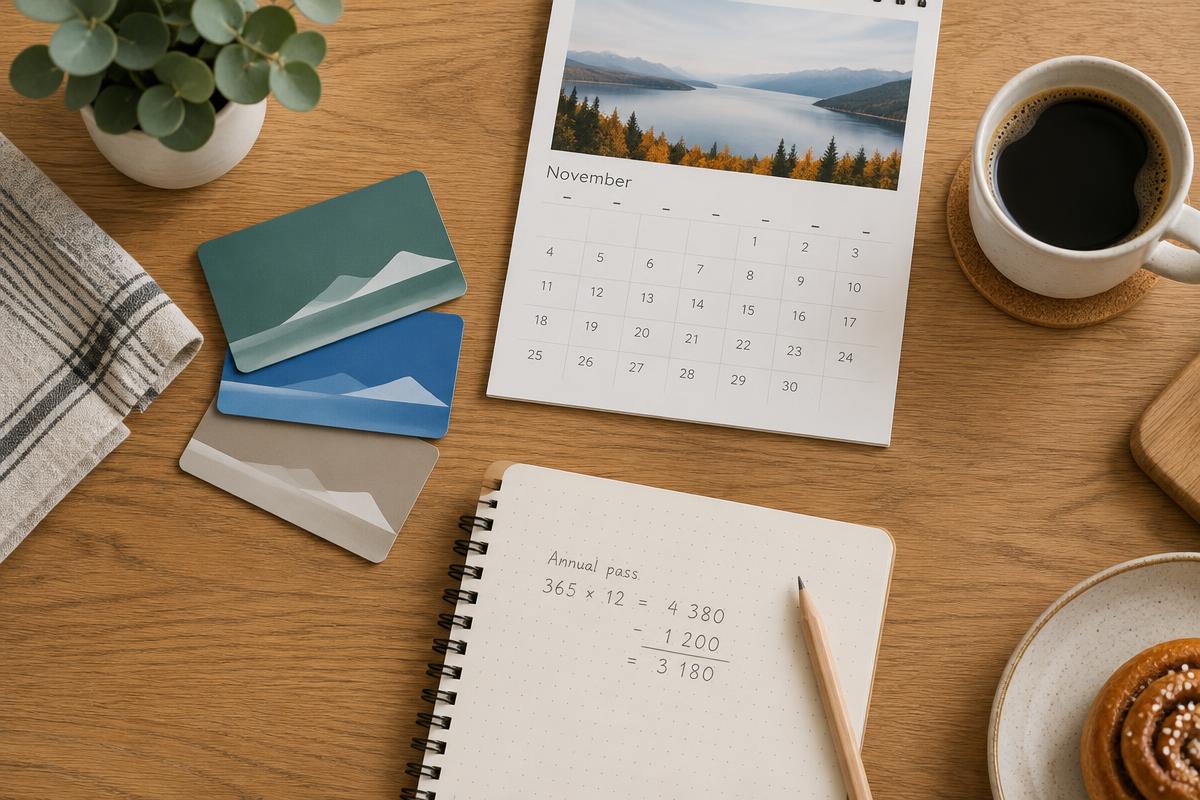 Annual pass cards, a November calendar and a notebook with a cost calculation on a kitchen table
