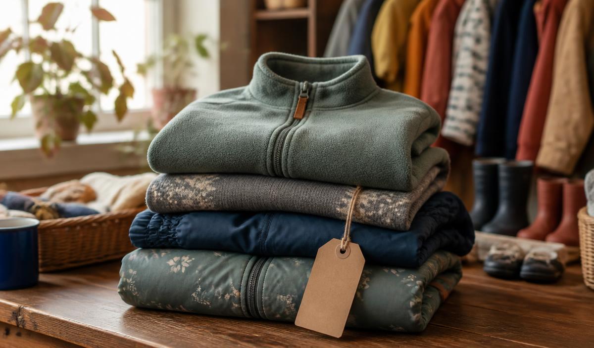 En bunt begagnade barnkläder — fleece, ullager och regnbyxor — på ett loppisbord