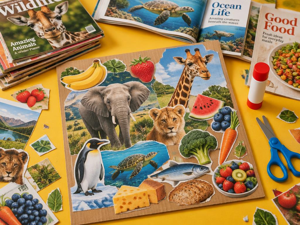 Ett färgglatt kollage av utklippta tidningsbilder limmade på kartong, med sax och limstift