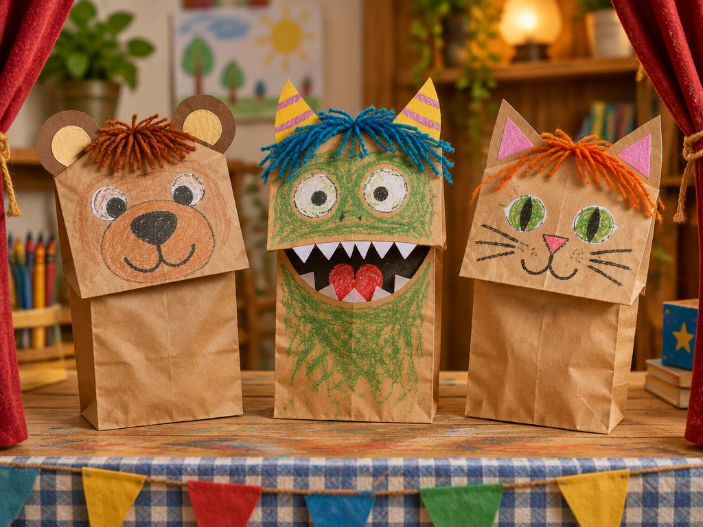 Tre påsdockor – en björn, ett monster och en katt – med kritansikten och garnhår
