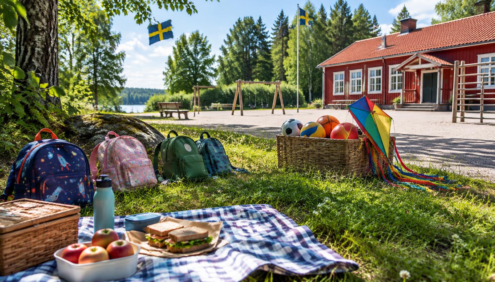 Ryggsäckar, en picknick med äpplen och smörgåsar och en korg med bollar och en drake på en svensk skolgård en sommarlovsdag