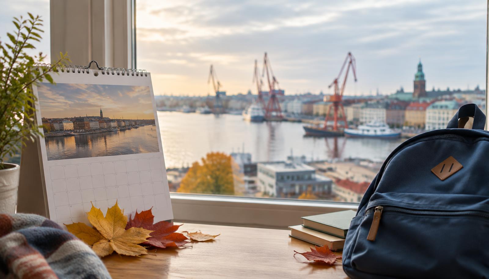 Wall calendar with autumn leaves and a school backpack by a window overlooking Gothenburg harbour