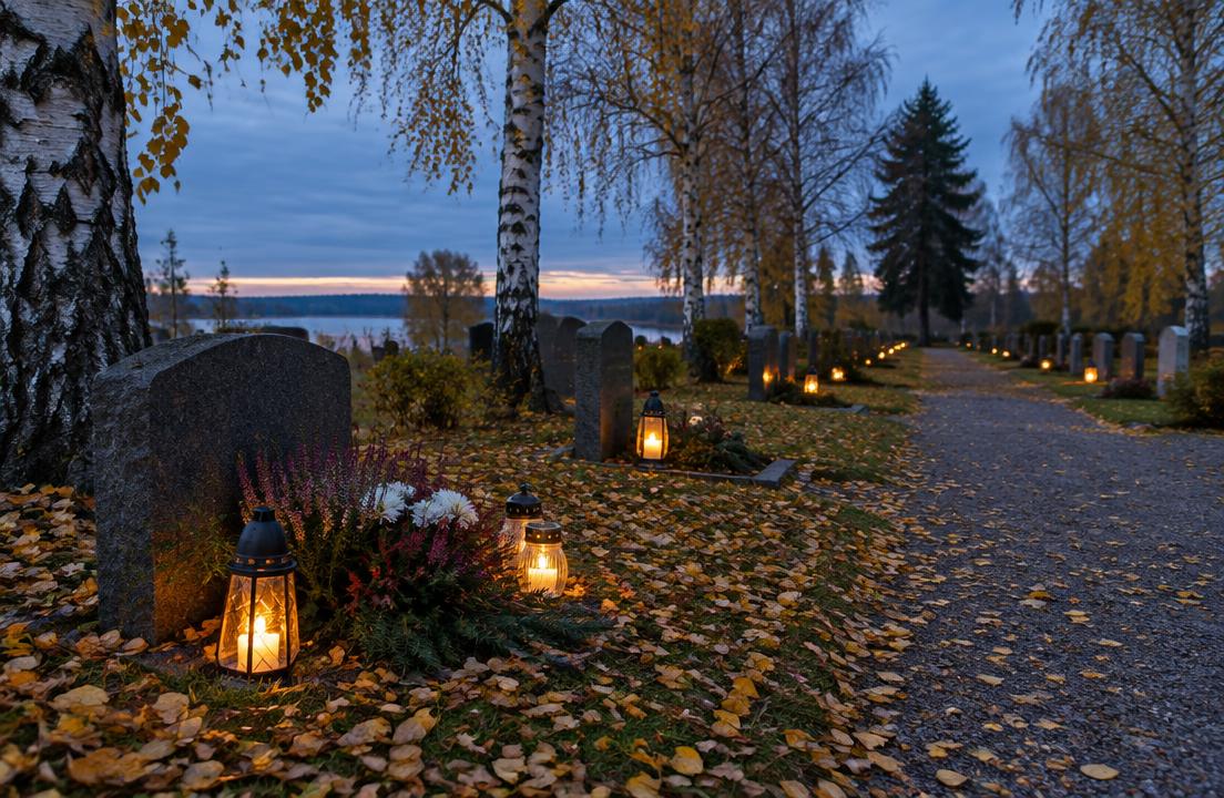 Candles in a Swedish cemetery on Alla helgons dag
