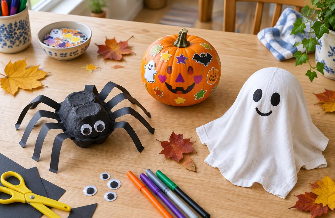 Easy Halloween crafts: egg-carton spider, mini pumpkin and fabric ghost