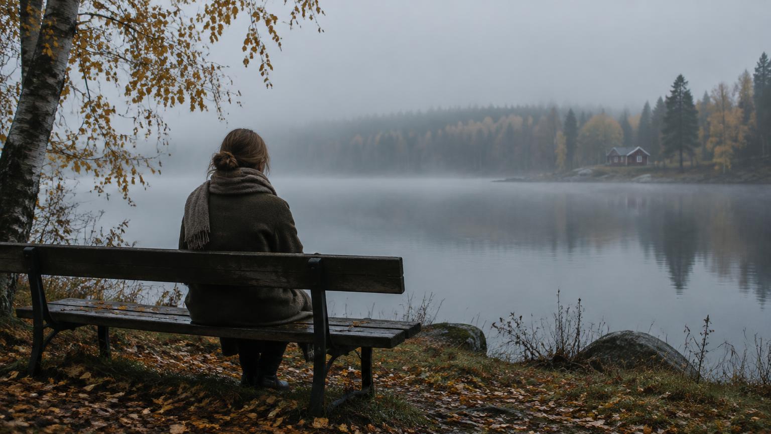 En kvinna sedd bakifrån sitter ensam på en bänk vid en dimmig sjö på hösten