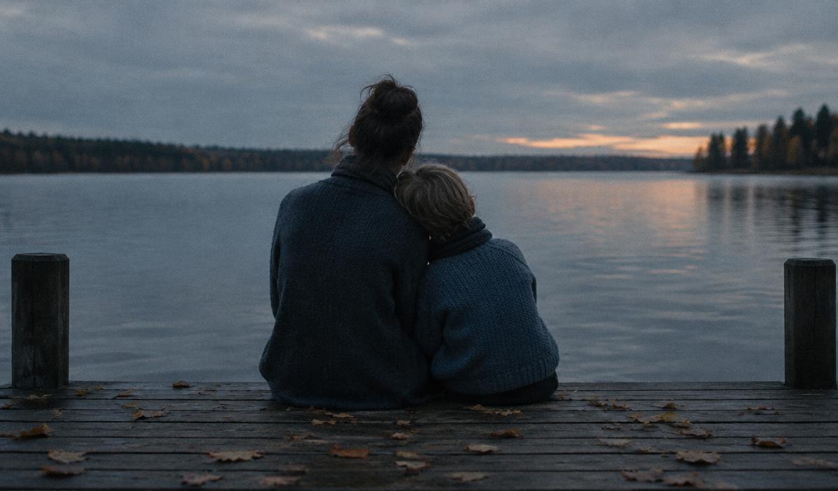 En mamma och hennes barn sedda bakifrån sitter tillsammans på en brygga vid en sjö