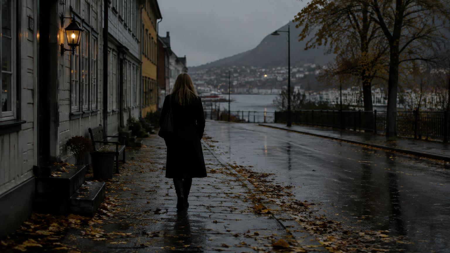 En kvinna sedd bakifrån som går ensam på en regnvåt skandinavisk gata i höstskymningen