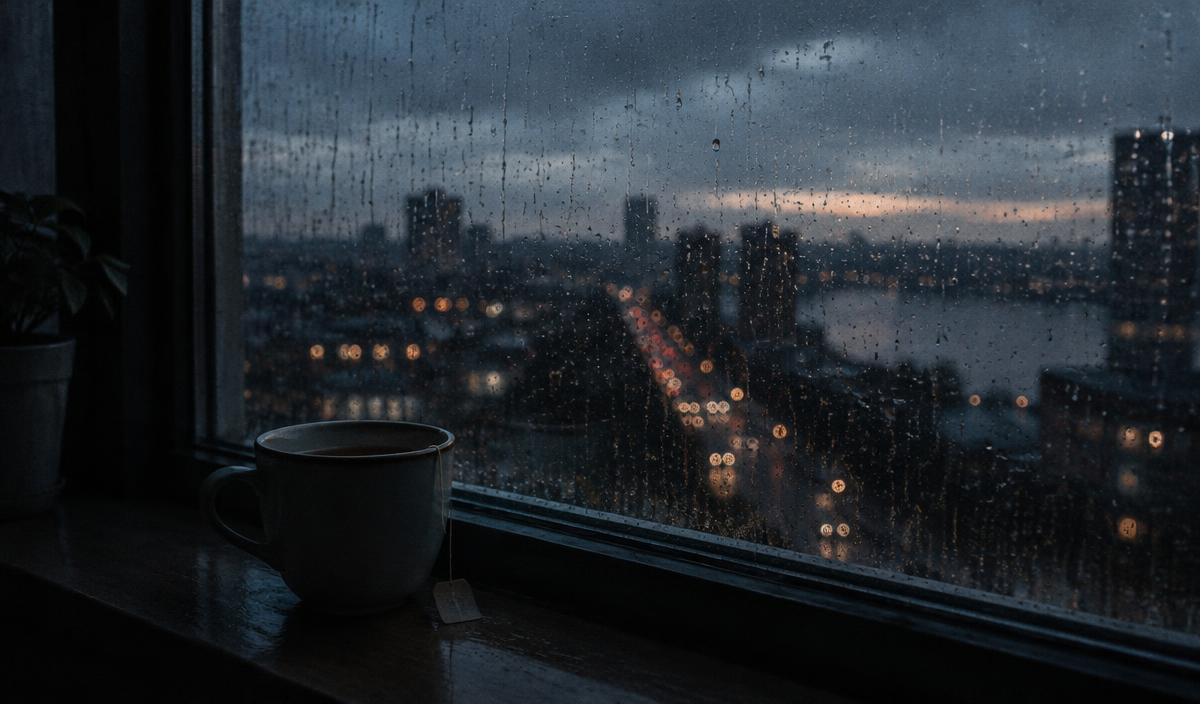 En kopp te i ett fönster med regn på rutan i skymningen
