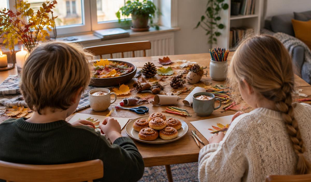 Två barn som gör enkelt höstpyssel hemma under höstlovet