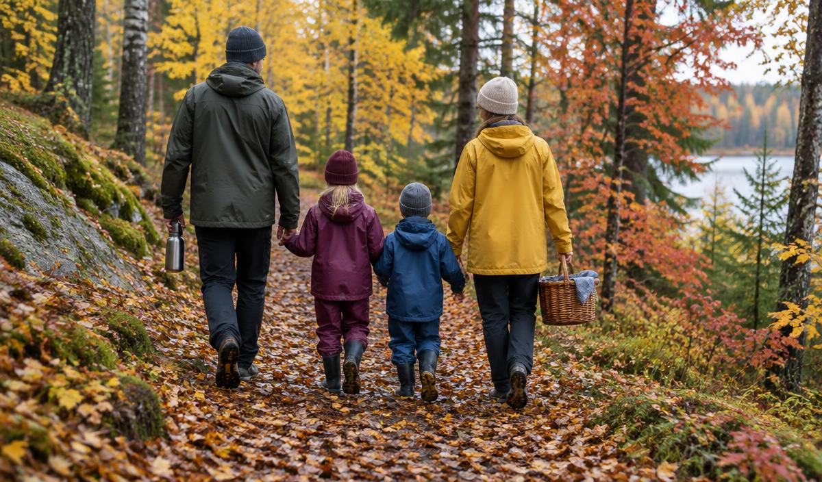 En familj på promenad i svensk höstskog med termos och fikakorg