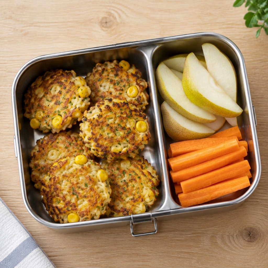 Små potatis- och majsplättar med päronbitar och morotsstavar