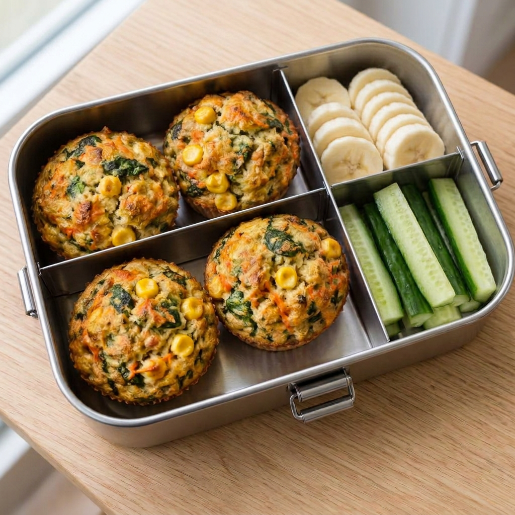 Matiga muffins med morot, spenat och majs bredvid banan och gurka