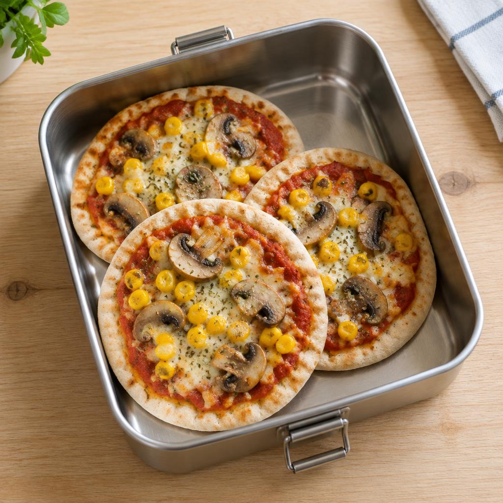 Minipizzor på pitabröd med tomatsås, majs och svamp