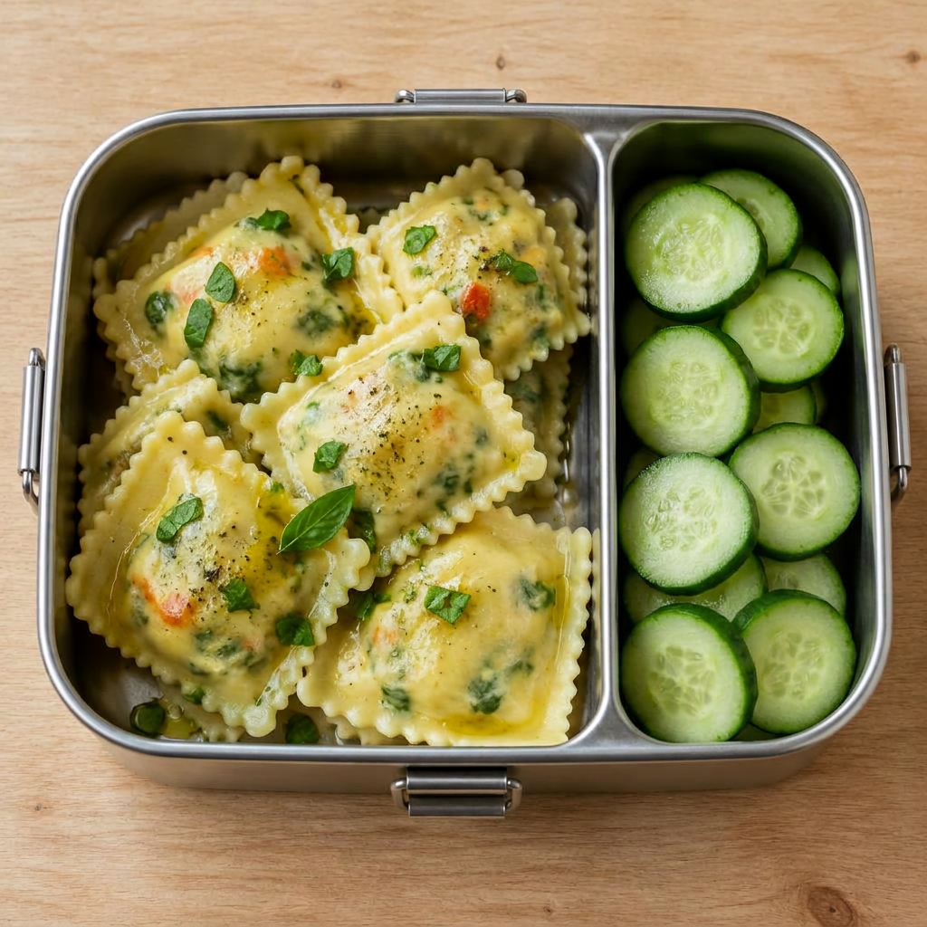 Kall grönsaksravioli med gurkskivor