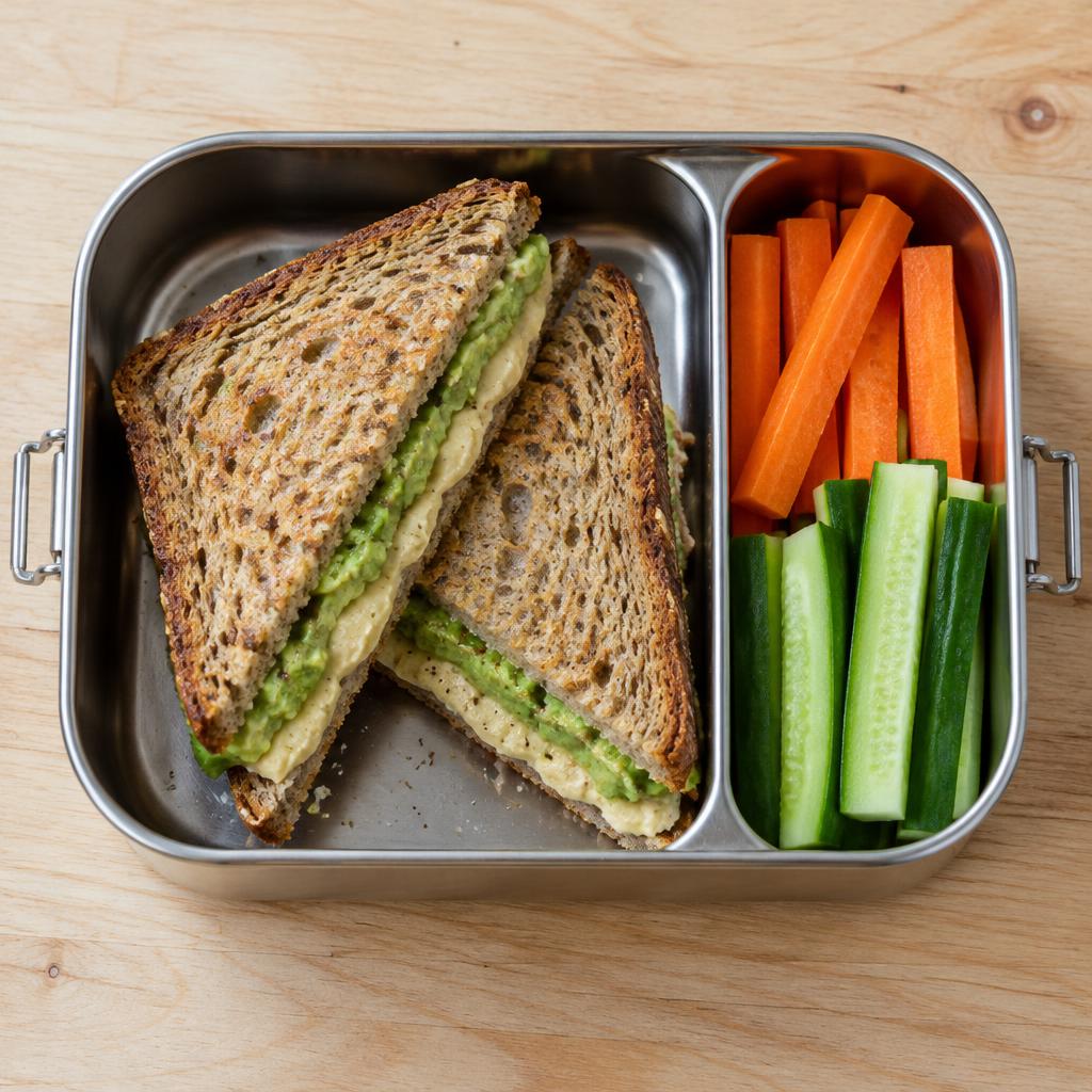 Toast-trianglar med hummus och avokado bredvid morots- och gurkstavar