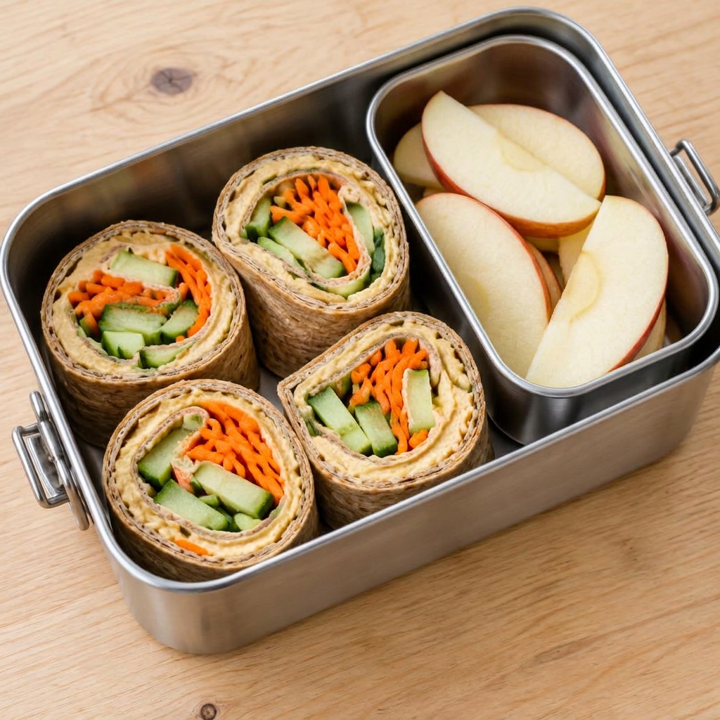 Skivade vegowraps med morot och gurka bredvid äppelbitar
