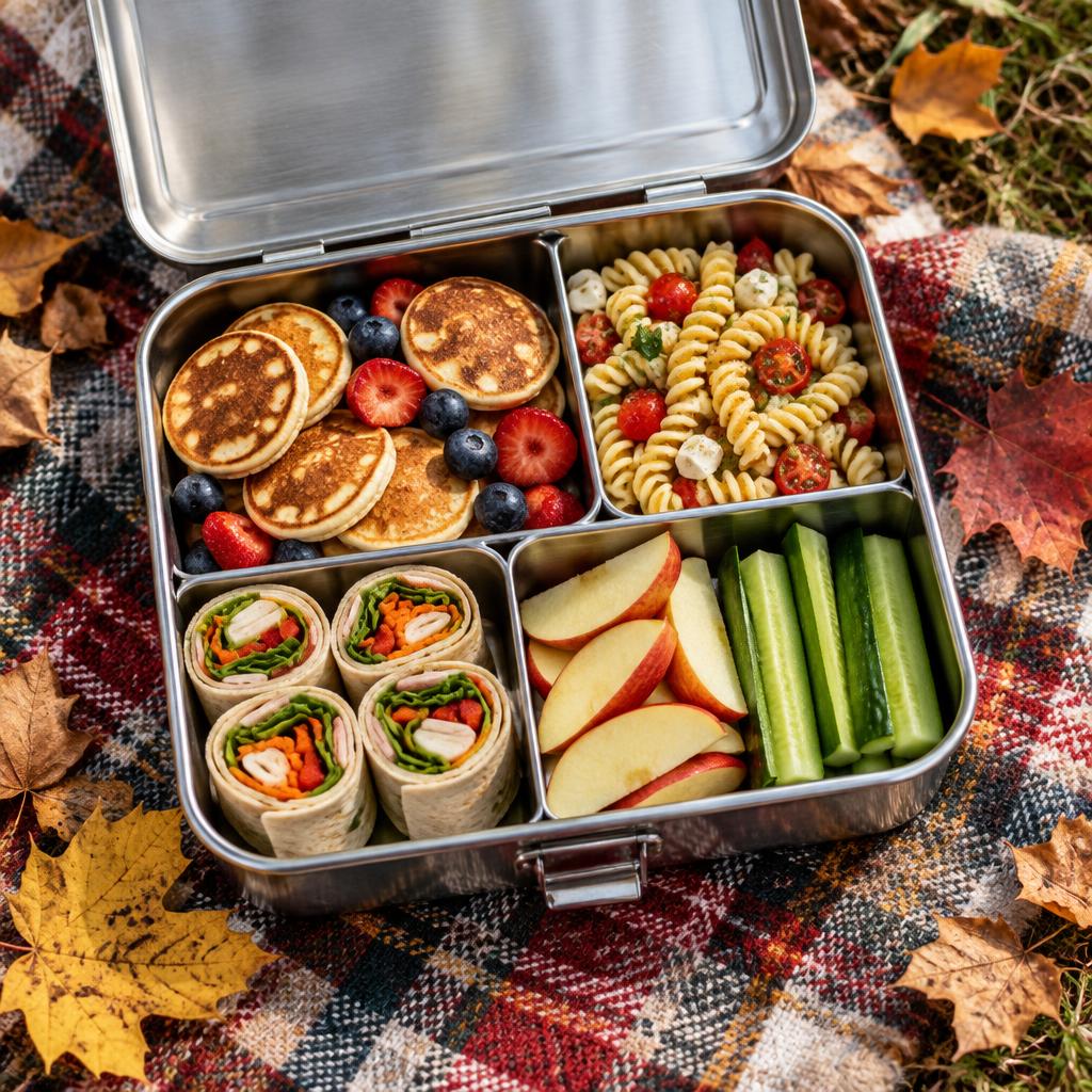 En öppen lunchlåda med minipannkakor, pasta, vegowraps, äppelbitar och gurka på en filt i en höstig park