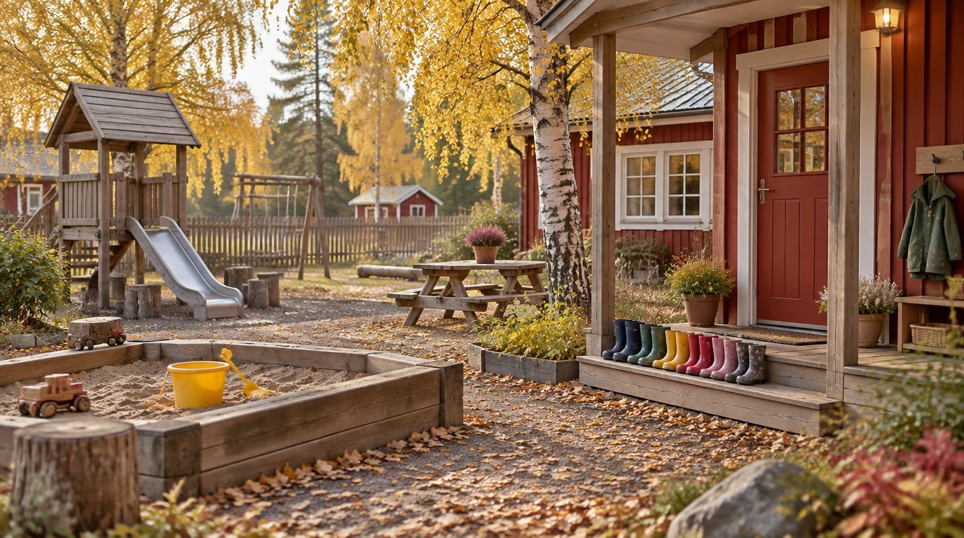 En svensk förskolegård på hösten med sandlåda, lekstuga och små gummistövlar vid dörren