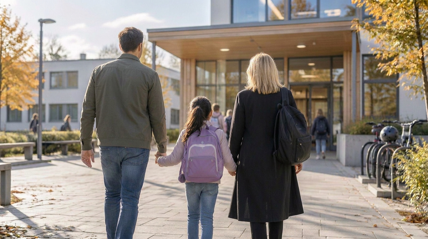 En nyanländ familj går med sitt barn mot en svensk grundskola