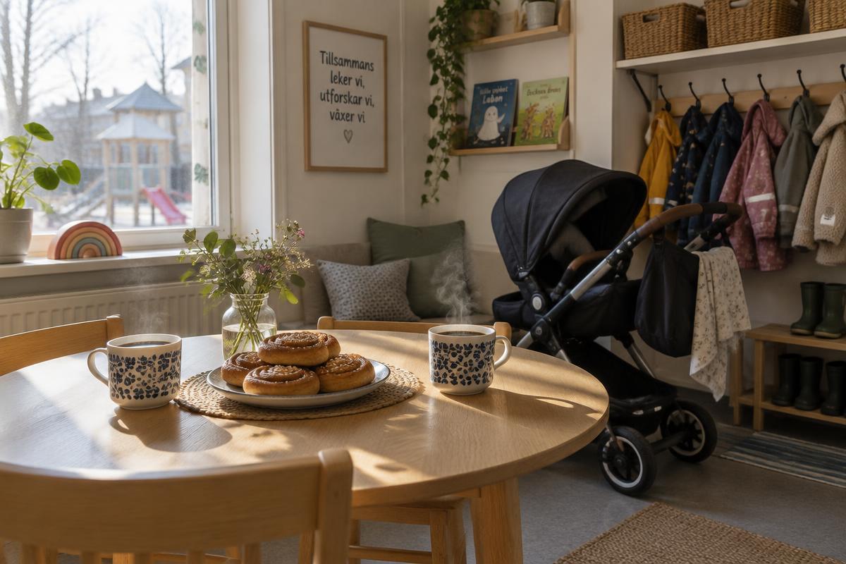 Ett fikahörn på en svensk öppen förskola med två ångande kaffekoppar, kanelbullar och en barnvagn vid klädhängaren