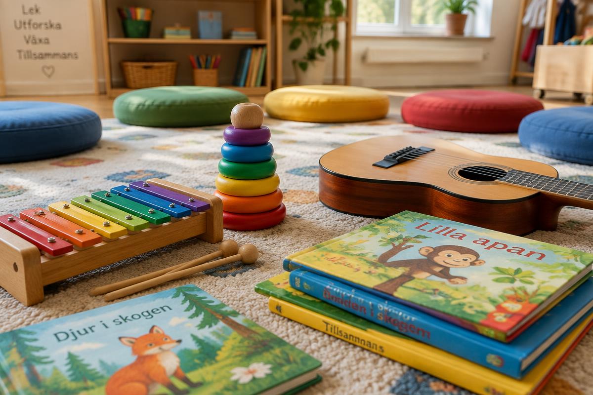 En xylofon, staplingsringar, bilderböcker och en liten gitarr på en matta på en svensk öppen förskola, redo för en sångstund