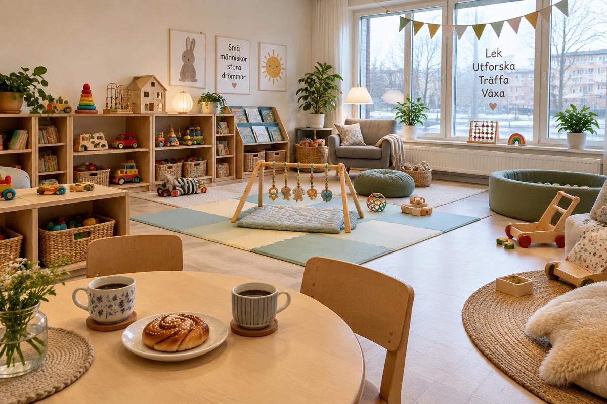 Ett varmt lekrum på en svensk öppen förskola med leksaker, babygym och ett kaffebord med kanelbullar