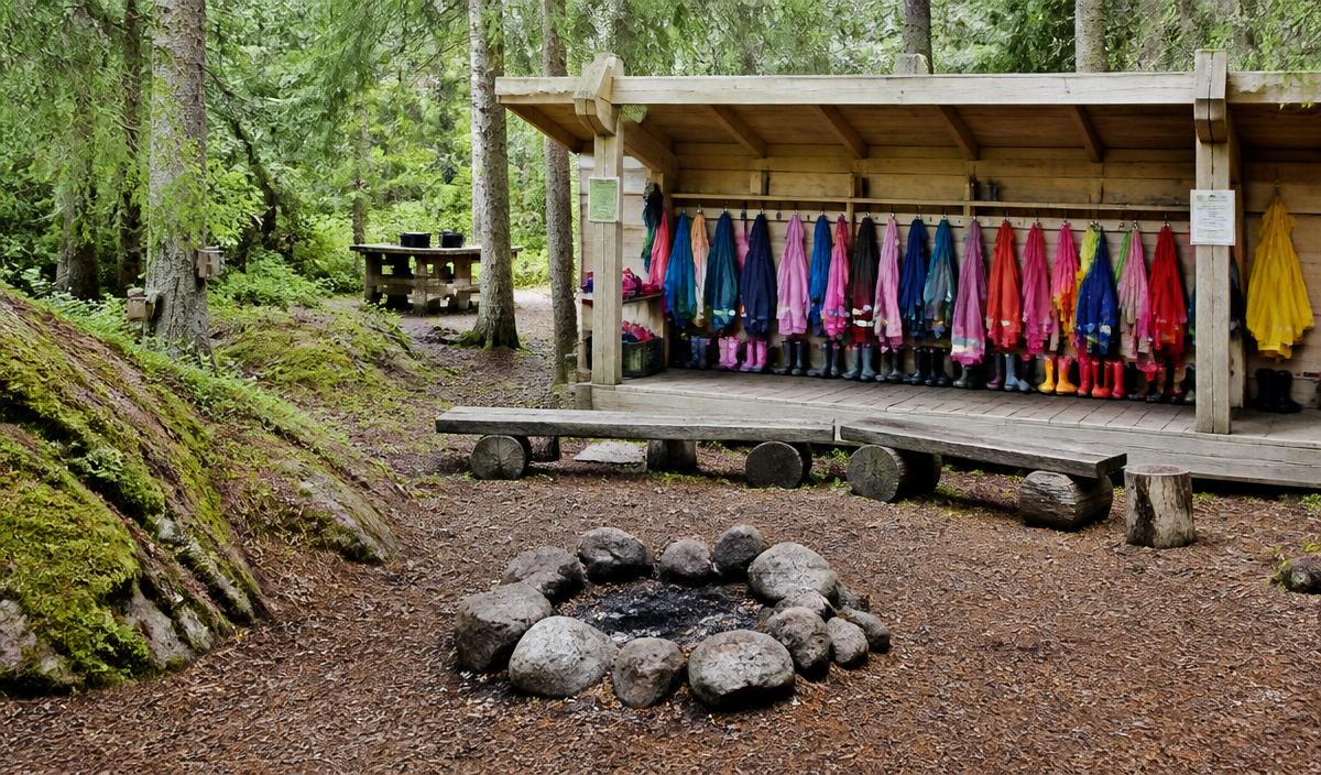 En svensk utomhusförskola i skogen med färgglada regnkläder och stövlar under ett vindskydd intill en eldstad