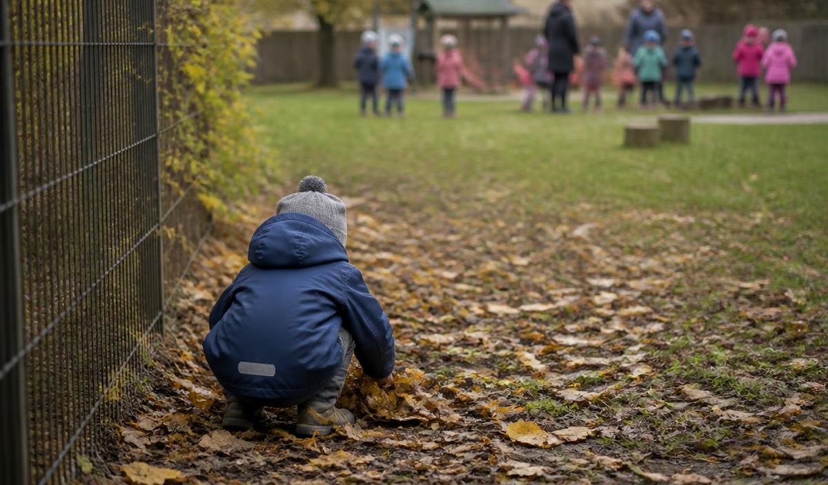 Ett barn i blå jacka sitter ensamt på huk vid förskolans staket och leker med höstlöv, medan resten av gruppen leker långt bort i bakgrunden