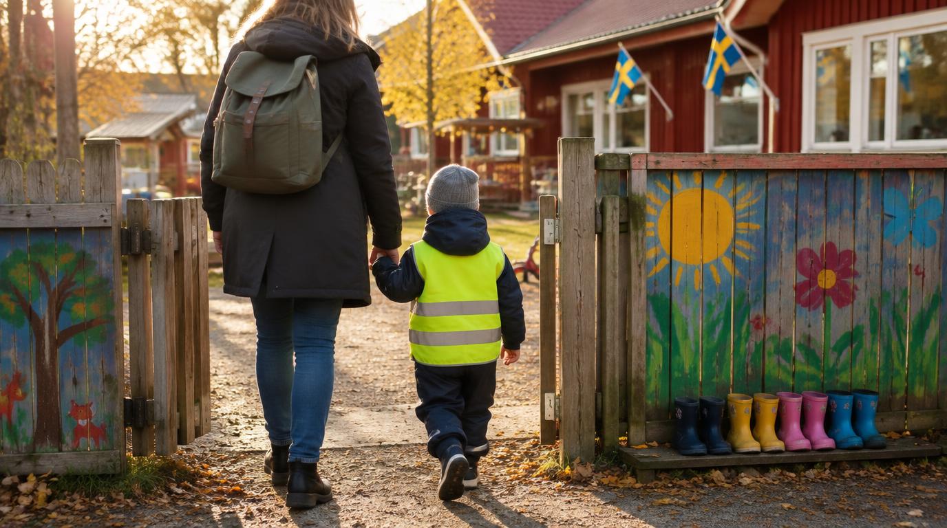 En förälder och ett litet barn i en gul reflexväst går hand i hand genom ett trästängsel till en svensk förskola, setta bakifrån