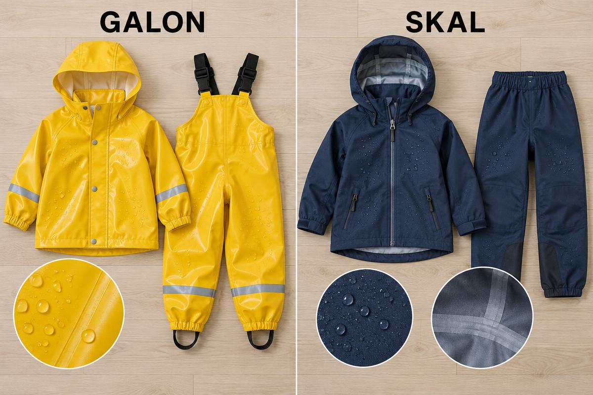 Jämförelse sida vid sida: blankt gult galonställ till vänster, matt marinblått andande skalställ med tejpade sömmar till höger