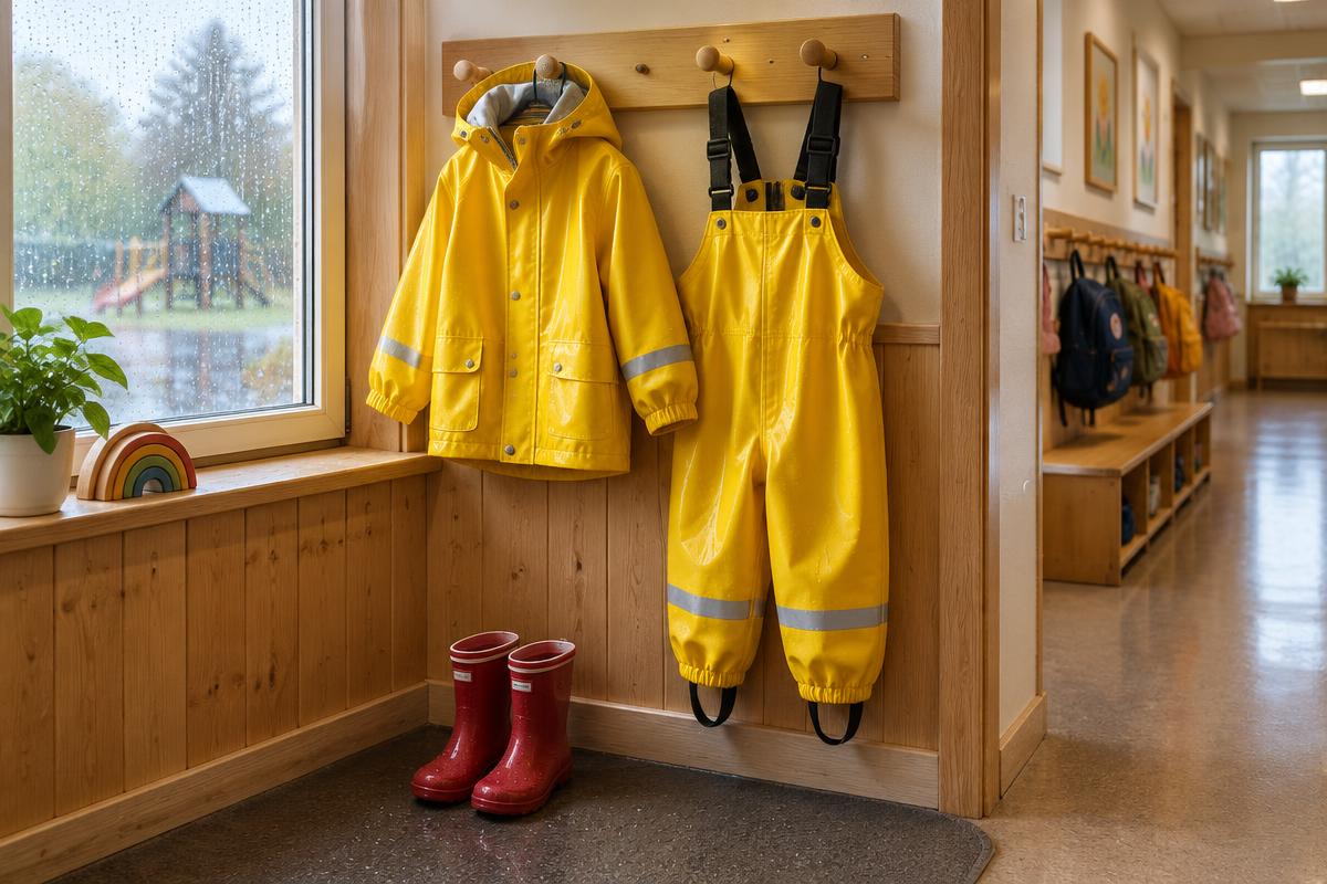 Gul galonjacka och galonbyxor för barn på krokar i en svensk förskolehall med röda gummistövlar under
