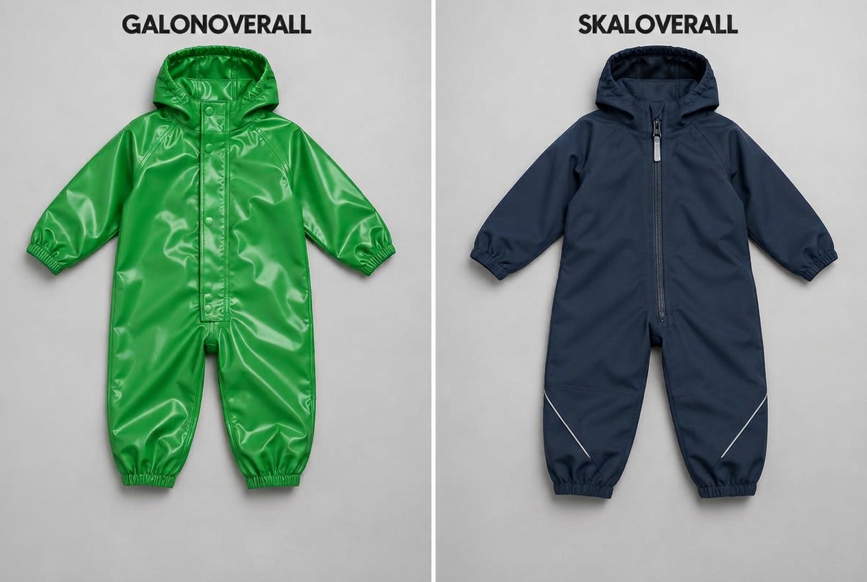 Två regnoveraller i ett stycke sida vid sida: en blank grön belagd galonoverall till vänster och en matt marinblå andande skaloverall till höger, båda med lastikkanter vid fotlederna