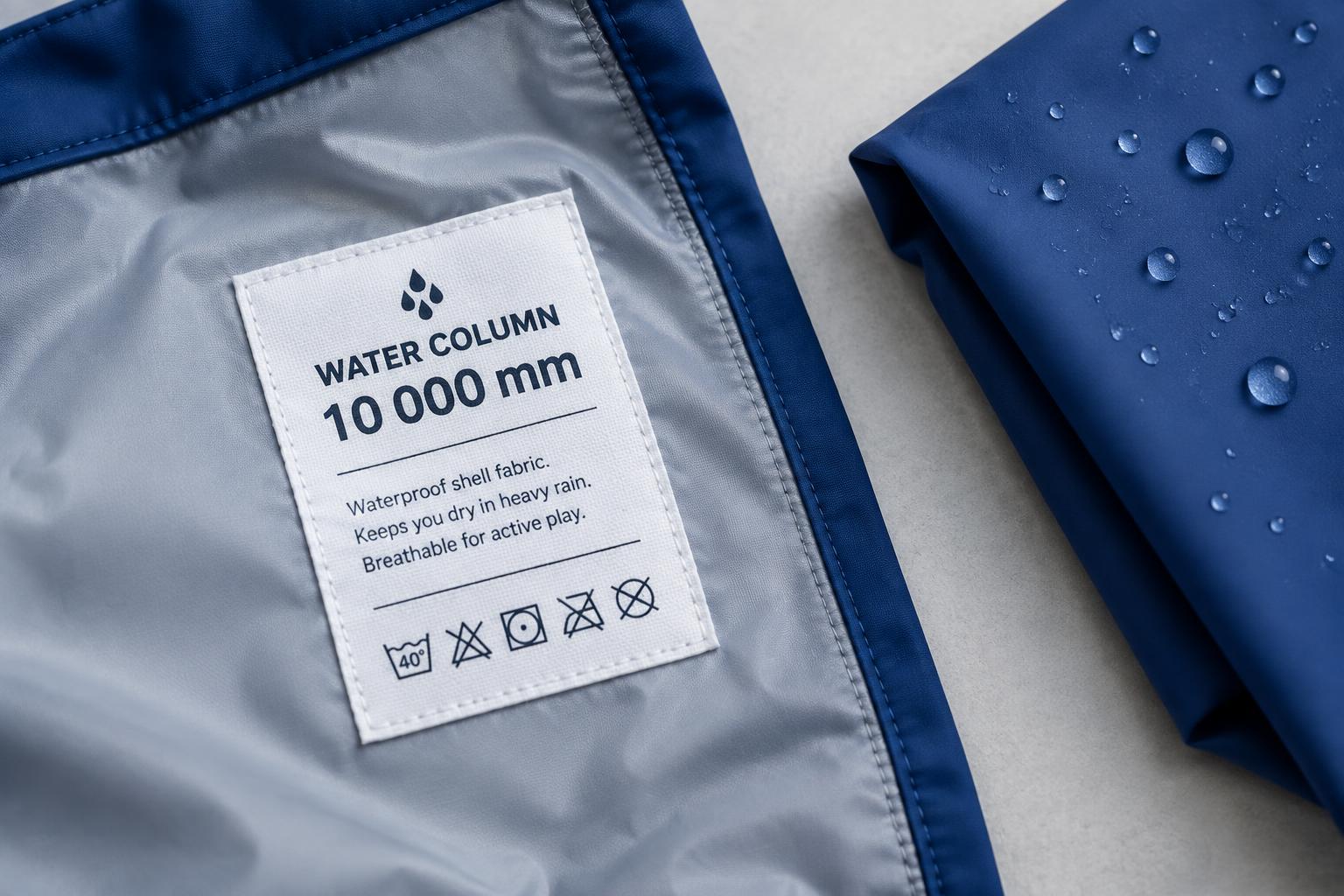 En skötselbricka insydd i en barnregnjacka med texten "WATER COLUMN 10 000 mm", bredvid ett skaltyg med regndroppar