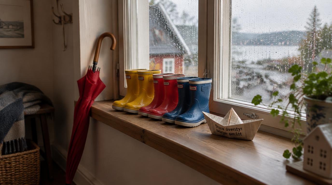 Färgglada barnstövlar på en fönsterbräda medan regnet faller utanför ett svenskt hem