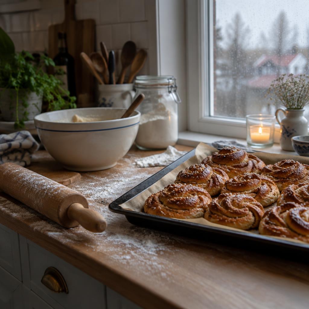 Nybakade kanelbullar på en plåt bredvid bunka och kavel i ett mysigt svenskt kök