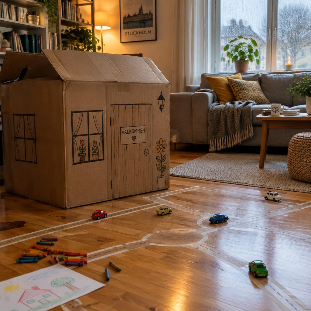 En kartong som blivit lekstuga med leksaksbilar på maskeringstejpsvägar i ett vardagsrum