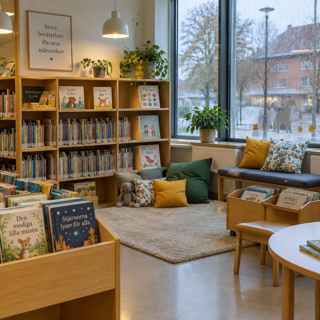 En ljus barnhörna på ett svenskt bibliotek med låga bokhyllor, bilderböcker och en läsnisch
