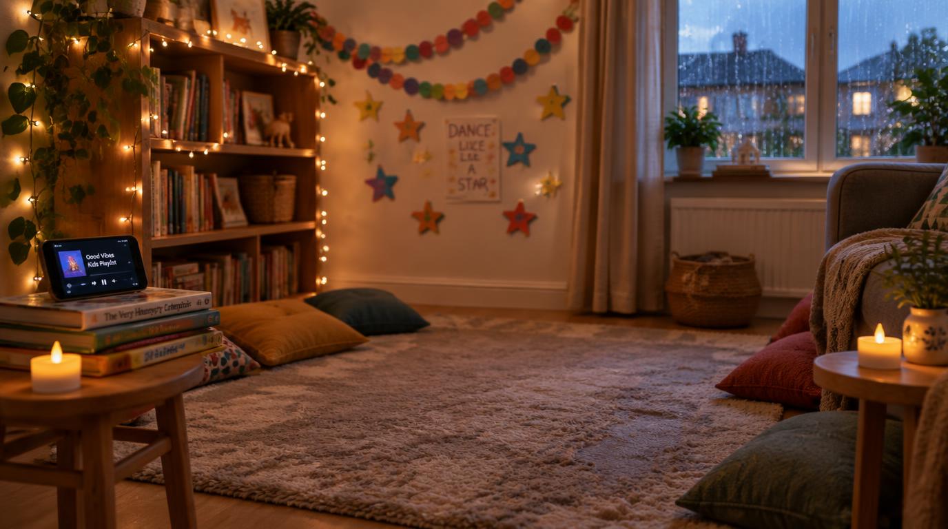 Ett vardagsrum förvandlat till en billig hemmadisco med ljusslinga, värmeljus och en telefon som spelar musik