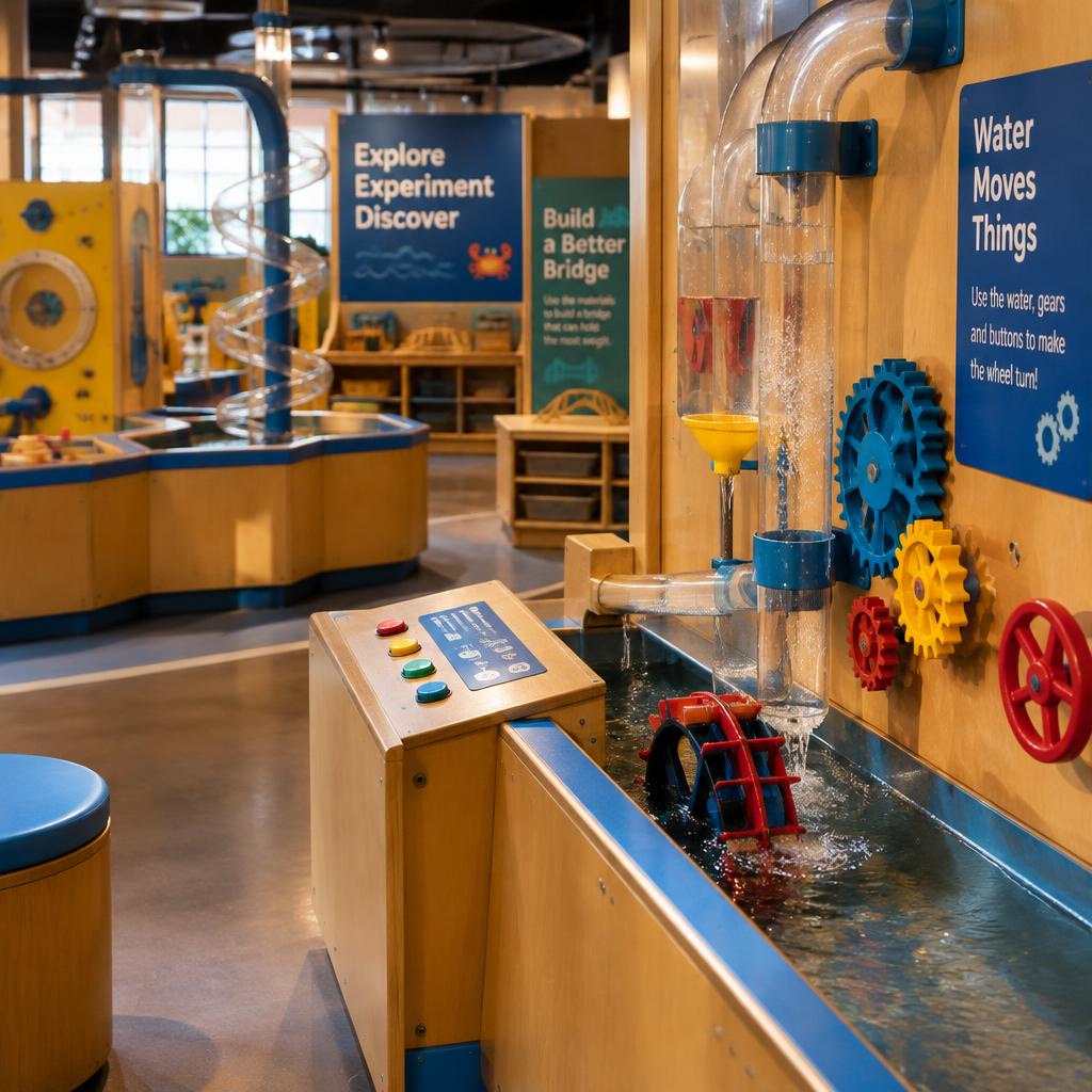 En praktisk vattenexperimentstation på ett science center för barn