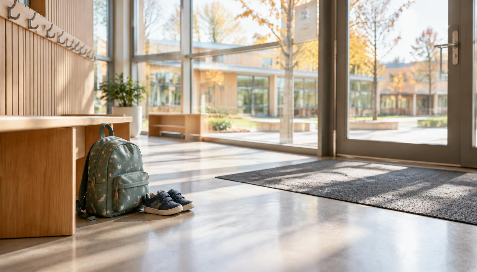 En liten ryggsäck och barnskor vid den ljusa entrén till en skandinavisk skola