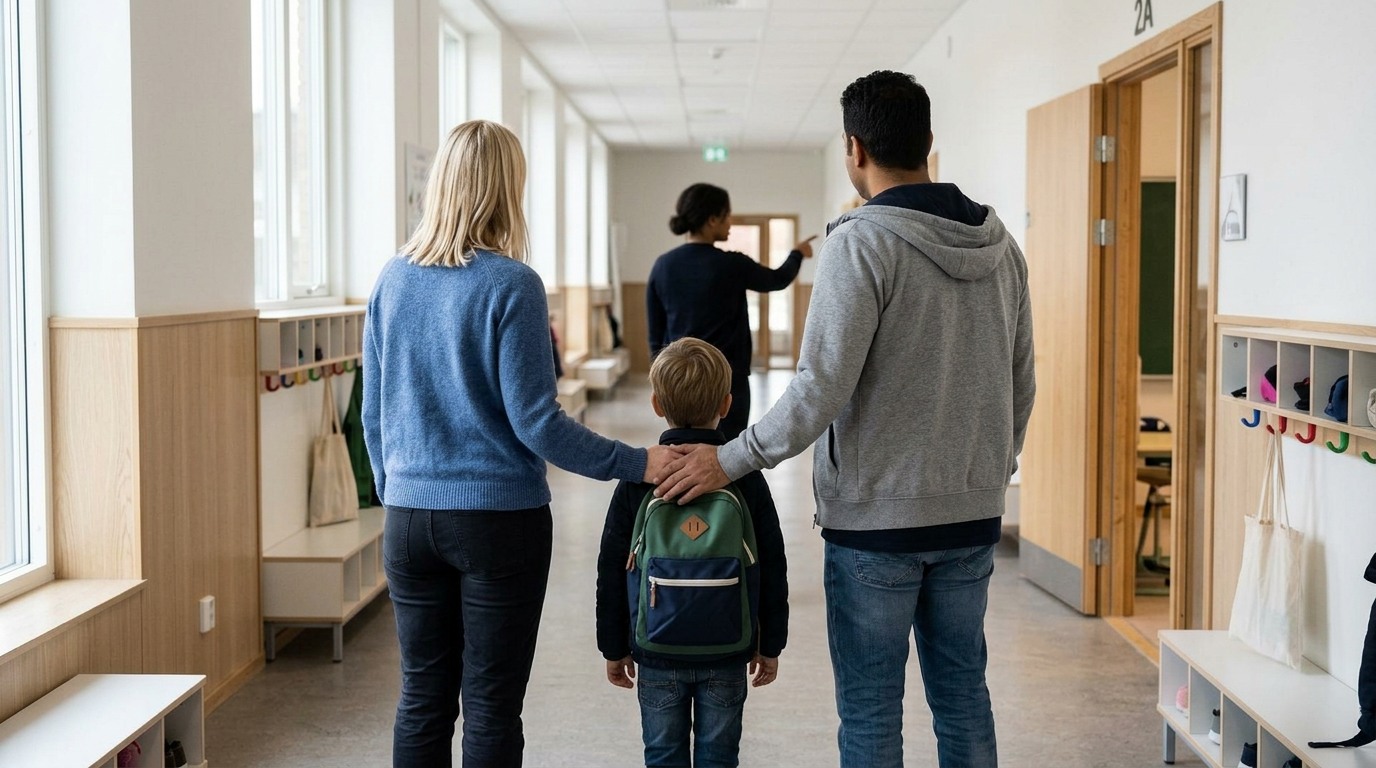 En familj går tillsammans genom en svensk skola medan en medarbetare visar vägen