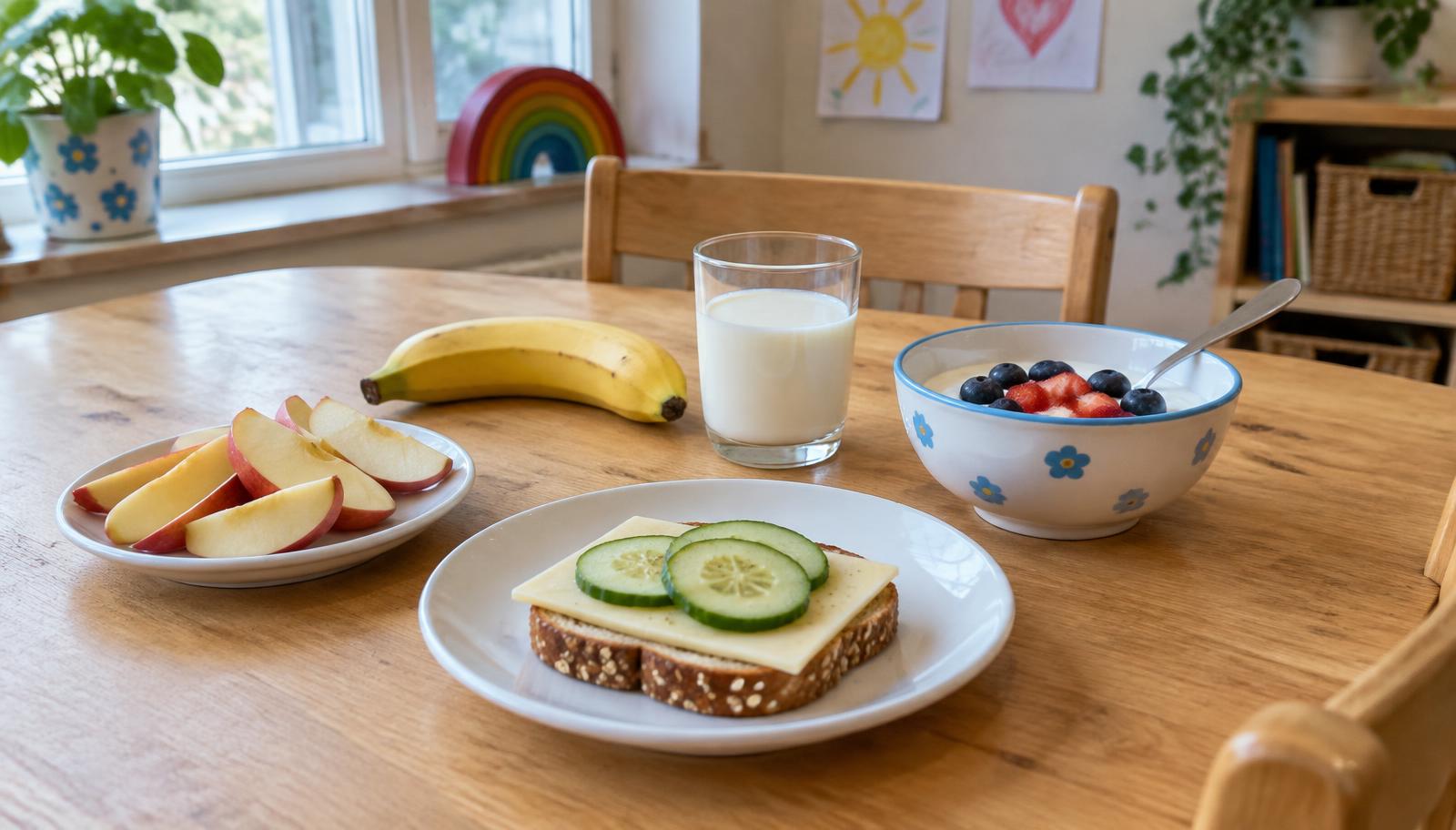 A simple mellanmål on a wooden table: apple slices, a banana, a cheese sandwich, milk and yoghurt